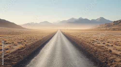 A straight, narrow road through a windswept desert