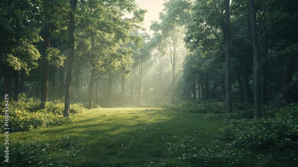A tranquil forest at dawn, with light mist lingering among the trees and soft sunlight barely breaking through A tranquil forest at dawn, with light mist lingering among the trees and soft sunlight barely breaking through