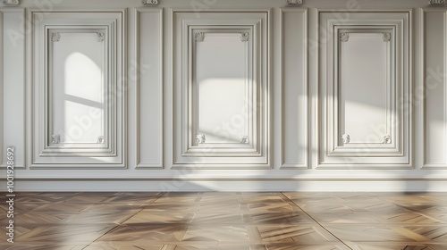 Empty picture frames in classic interior background on the decorative painted wall with wooden floor