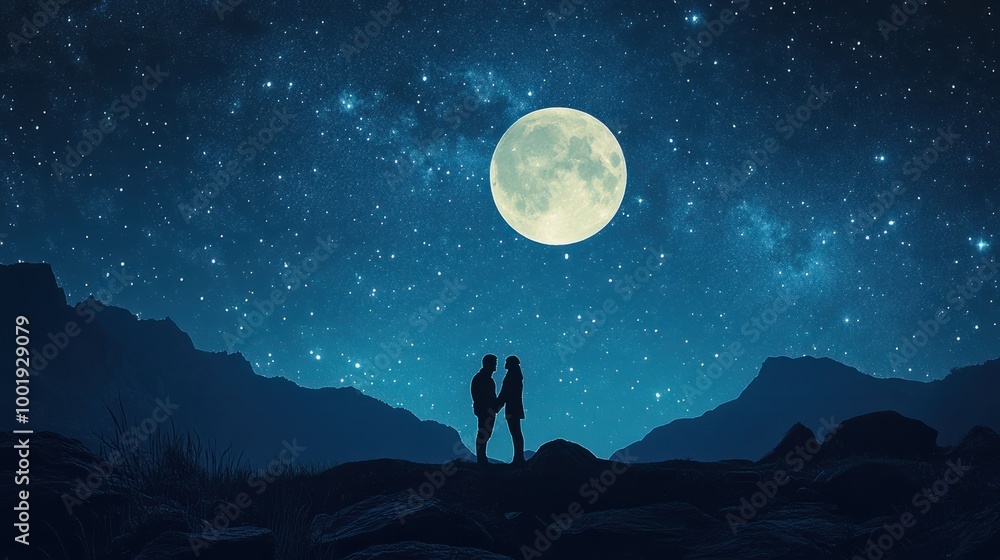 A silhouette of a couple sharing a moment under the full Moon, framed by a starry sky and distant mountains A silhouette of a couple sharing a moment under the full Moon, framed by a starry sky and distant mountains