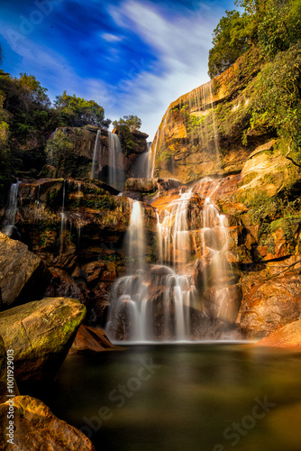 Elegant Prut fall or Prut Waterfall in monsoon season on the Urwan River in Laitlyndop Village, in the Sohra or Cherrapunji of Meghalaya. A beautiful waterfall landscape in Laitduh, Meghalaya. photo