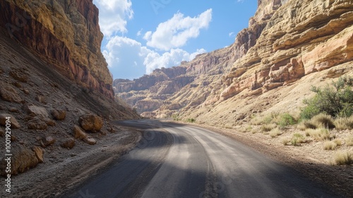 A winding road through a canyon with deep shadows, ultra detailed