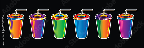Fast food plastic cup with straw. Hot or cold drink. Original vector illustration in vintage style.