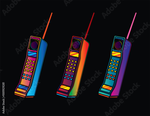 Retro mobile phone with a long antenna. Original vector illustration in vintage style.