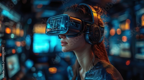 A young woman immerses herself in virtual reality while experiencing futuristic gaming technology at a high-tech arcade in the evening