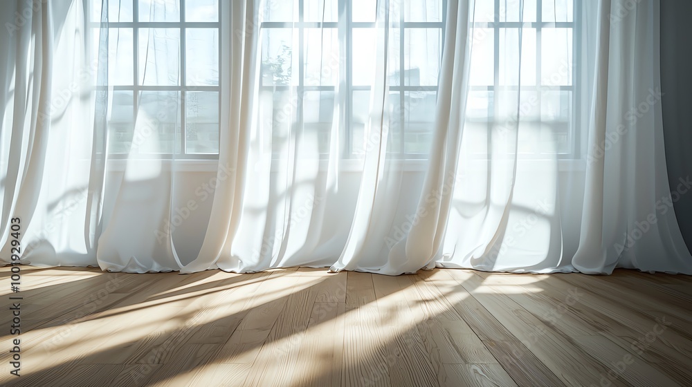 Obraz premium Bright room with white curtains, sunlight casting shadows on wooden floor, creating a warm atmosphere.