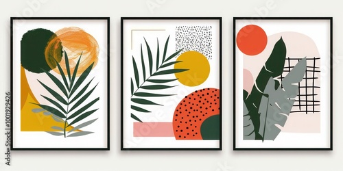 Geometric shapes mid century poster set: abstract design with tropical palm leaf, geo elements. Modern illustration for minimalist print, poster, boho wall decor framed art.