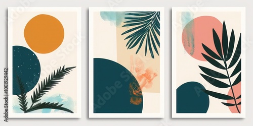 Minimalist mid-century style posters: abstract geometric shapes with natural elements like tropical palm leaves, perfect for boho wall decor and modern flat design art.