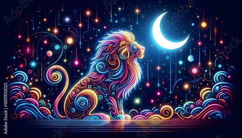background with glowing colorful neon lion shapes and stars and moon in the night sky