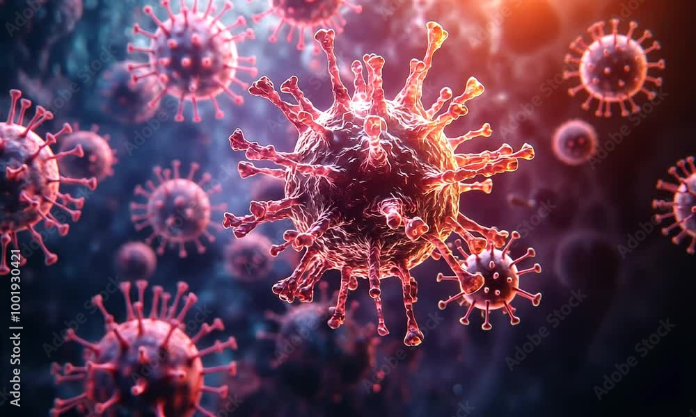 Close-up view of a virus, illustrating its structure and details. Close-up view of a virus, illustrating its structure and details.
