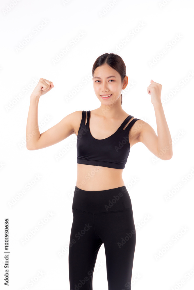 Portrait of beautiful young asian woman in sportswear showing strong muscles isolated on white background, sport and exercise for health, training and strength, female slimming with confident. Portrait of beautiful young asian woman in sportswear showing strong muscles isolated on white background, sport and exercise for health, training and strength, female slimming with confident.