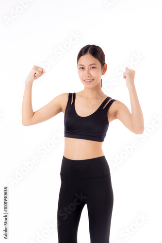 Portrait of beautiful young asian woman in sportswear showing strong muscles isolated on white background, sport and exercise for health, training and strength, female slimming with confident.