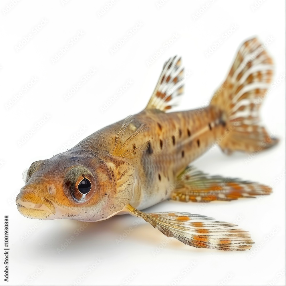 Naklejka premium Mudskipper fish facing forward with detailed fins and large eyes, isolated on white background, ideal for stock use. 