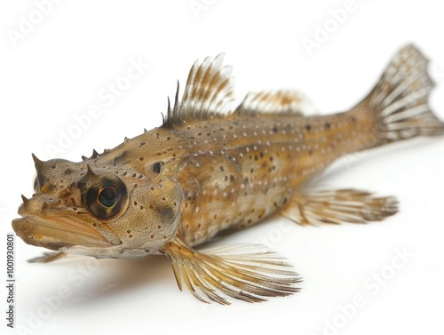 Mudskipper fish on white background, highlighting fins, orange spots, and amphibious features, isolated and detailed. 