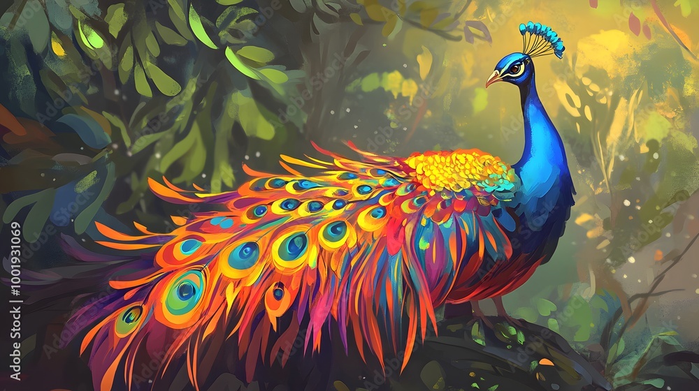 Obraz premium Majestic Peacock in Vibrant Jungle: A breathtaking digital painting of a peacock with iridescent plumage, perched amidst lush tropical foliage.