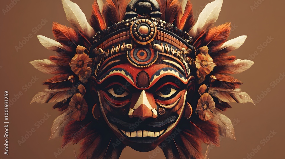Tribal Ritual Mask: A captivating close-up of a traditional tribal mask, intricately carved with rich colors and adorned with feathers, evoking a sense of mystery and ancient rituals. Tribal Ritual Mask: A captivating close-up of a traditional tribal mask, intricately carved with rich colors and adorned with feathers, evoking a sense of mystery and ancient rituals.