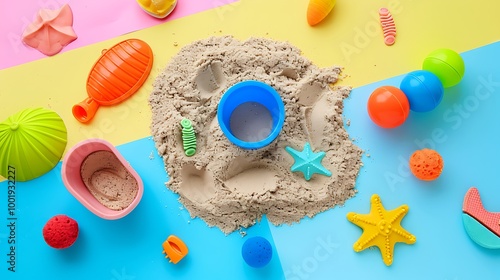 Kinetic sand with child toys for indoor children creativity games or beach games concept isolated on colorful background