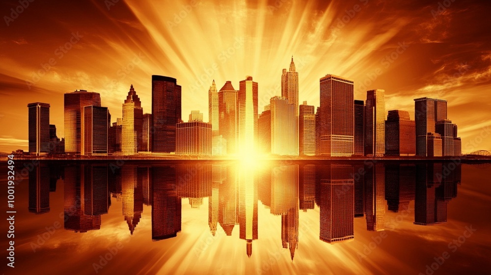 Obraz premium Sunrise Over City Skyline with Fiery Orange Glow