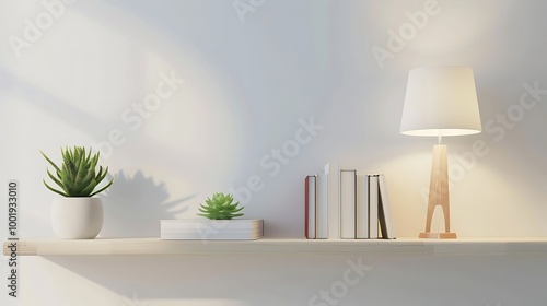 Lamp books and succulent plant on the shelf against empty wall mockup