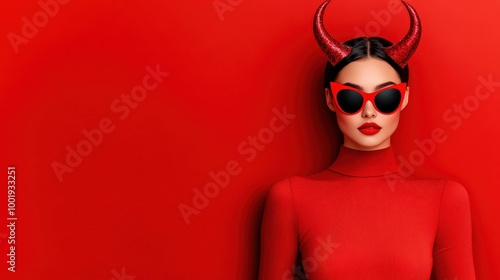 A stunning woman clad in a devil costume, complete with horns, stands out against a clean, simple background.