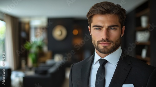 A young businessman dressed in a black suit poses confidently in an upscale modern office setting during the day