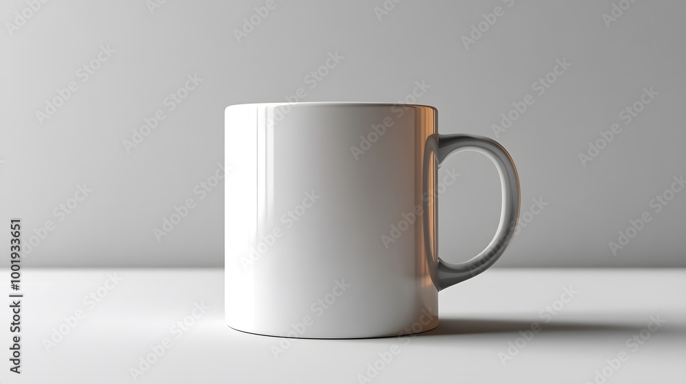 A simple white coffee mug on a minimalist surface, showcasing its clean design and empty space, perfect for branding or customization.