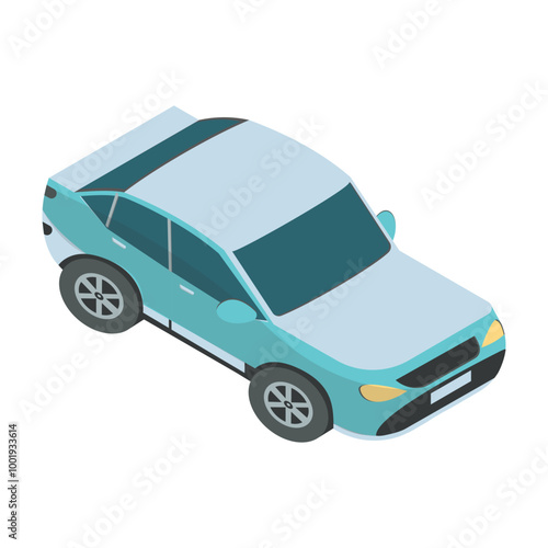 Isometric illustration of modern car in turquoise