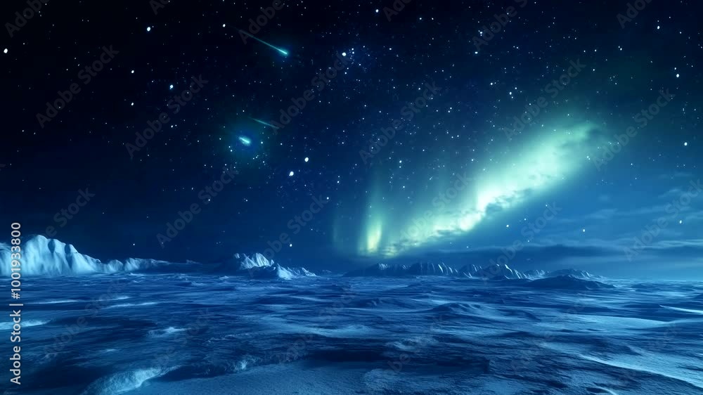 Meteor shower and aurora borealis over frozen sea in polar night sky. Seamless looping time-lapse animation video background Meteor shower and aurora borealis over frozen sea in polar night sky. Seamless looping time-lapse animation video background