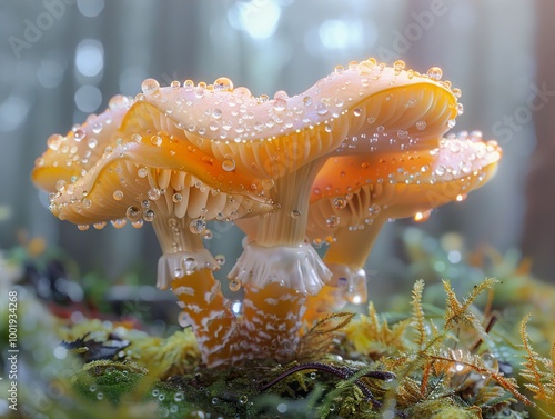 Delicate Mushrooms Covered in Dew Drops photo