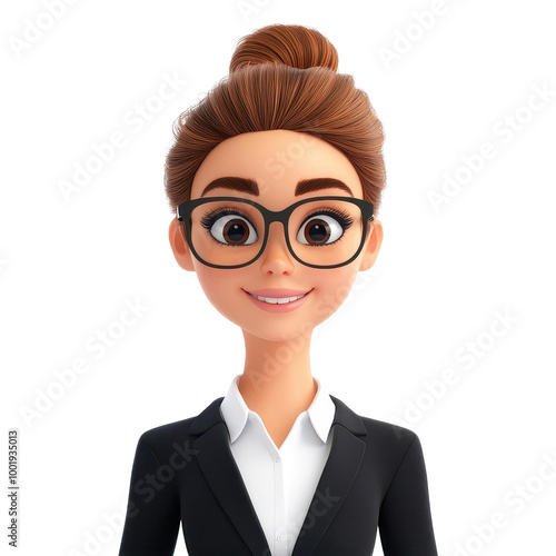 A crisp 3D icon of a young office manager dons business attire, glasses on, set against a sleek white background.