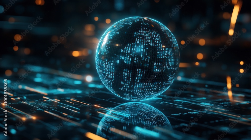 A glowing digital globe surrounded by binary code and light trails, symbolizing technology. A glowing digital globe surrounded by binary code and light trails, symbolizing technology.