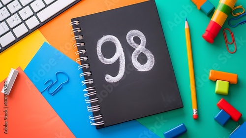 Learning the number 98 blackboard notebook pencil and learning accessories isolated on colorful background