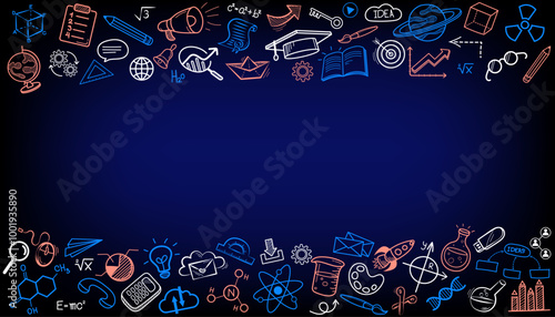 A decorative frame with glowing neon doodle icons for education and science on the top and bottom. This vector background includes copy space for text. Perfect for a presentation or web banner.