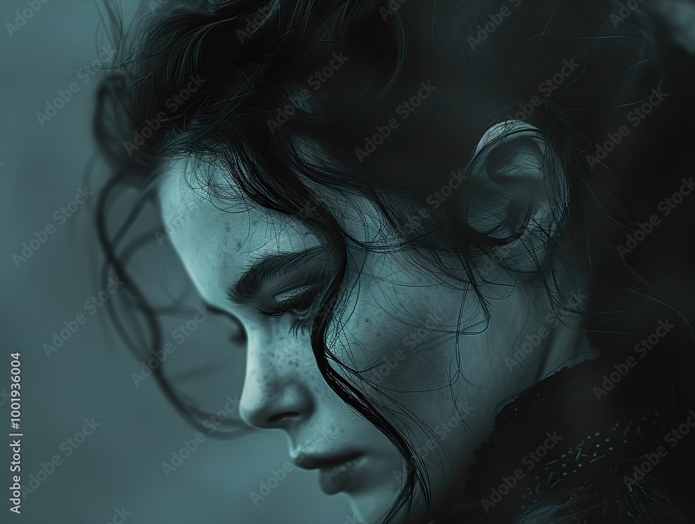 Naklejka premium Melancholy Portrait: A Woman Lost in Thought