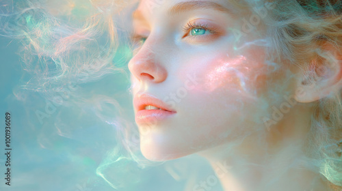 Close-up of a young woman's face, ethereal and dreamlike with soft, flowing smoke.