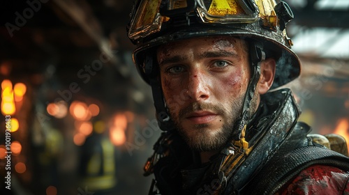 Young firefighter displays determination and resilience while battling flames in a burning structure during a fire rescue operation