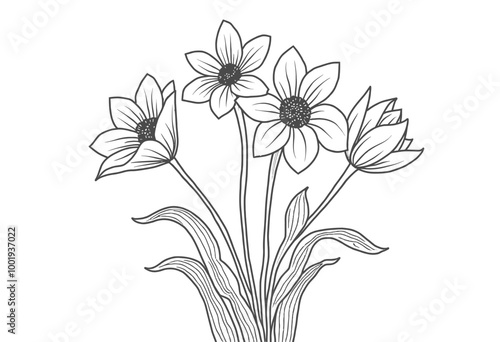 Enchanting Floral Coloring Pages: Simple Black & White Bouquet Illustrations - Perfect for Adult Relaxation & Kids' Creativity 