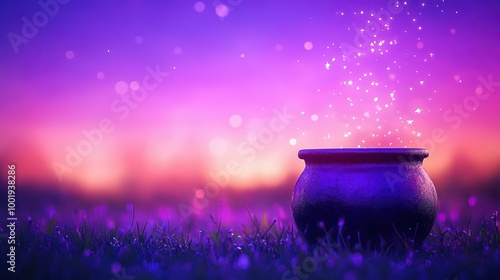 A lowangle view captures a witchs cauldron, bubbling with color against a soft, dreamy backdrop. photo