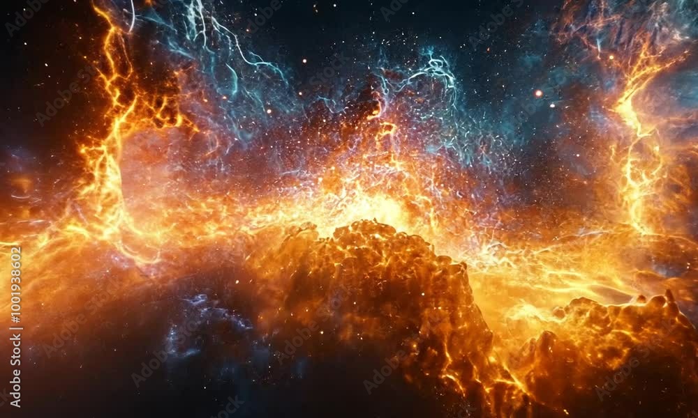 Cosmic scene depicting vibrant nebulae and starry background.