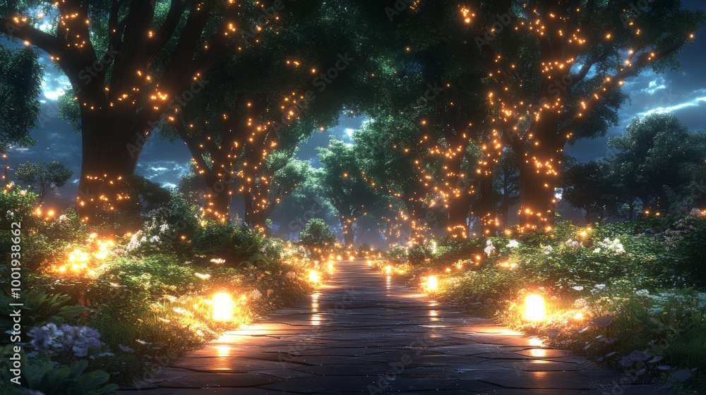Enchanted forest path illuminated by twinkling lights. Enchanted forest path illuminated by twinkling lights.