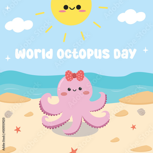 World Octopus Day. Suitable for flat design graphic illustration for template social media post, flyer design, flat illustration, banner, poster, greeting card, etc photo