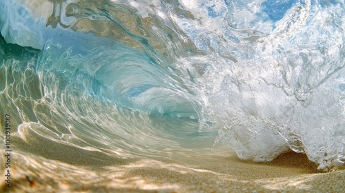 A close-up of a wave crashing in shallow water, with the sandy bottom visible through the clear water photo