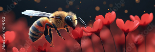 A bee pollinating red flowers.