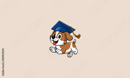 Happy puppy wearing a graduation cap and smiling.