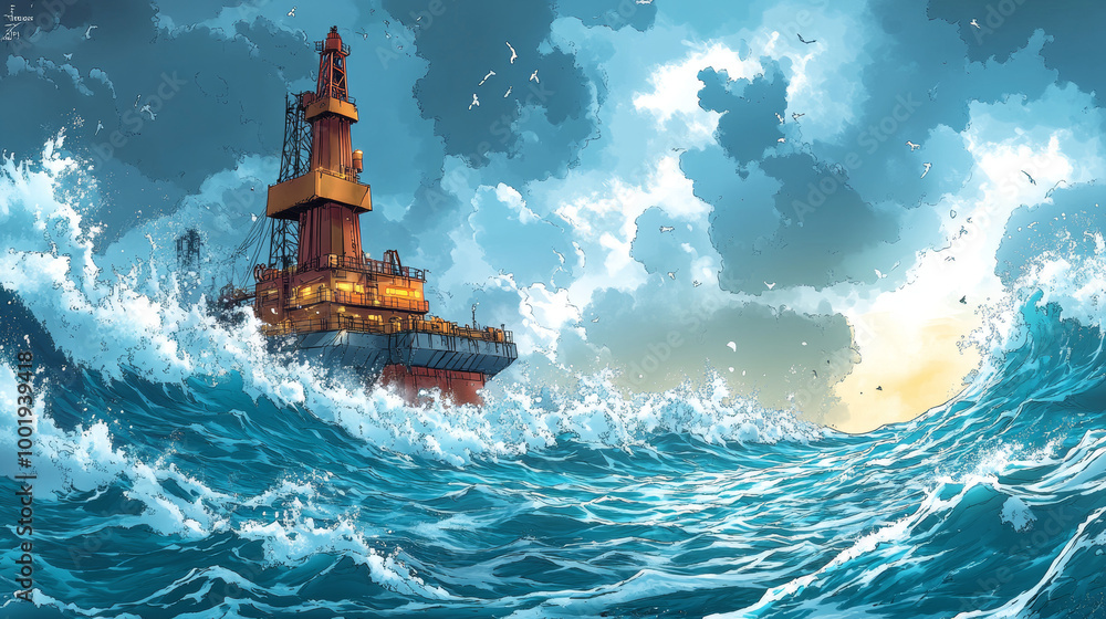 Obraz premium Large oil rig in rough seas