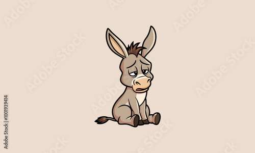 Sad donkey sitting down with a gloomy expression.