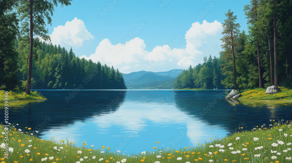 Fototapeta premium A serene lake nestled amongst lush green trees under a blue sky.
