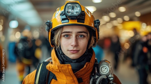 Young firefighter in protective gear prepares for a training exercise in a busy training facility during the day