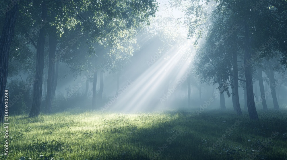 A fog-laden woodland scene in the early morning, with thin rays of light cutting through the mist A fog-laden woodland scene in the early morning, with thin rays of light cutting through the mist