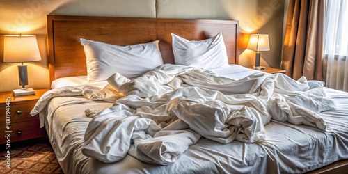 Messy hotel bed closeup with rumpled sheets, blankets, and pillows, disarray, untidy, disorder, sleep, relaxation photo